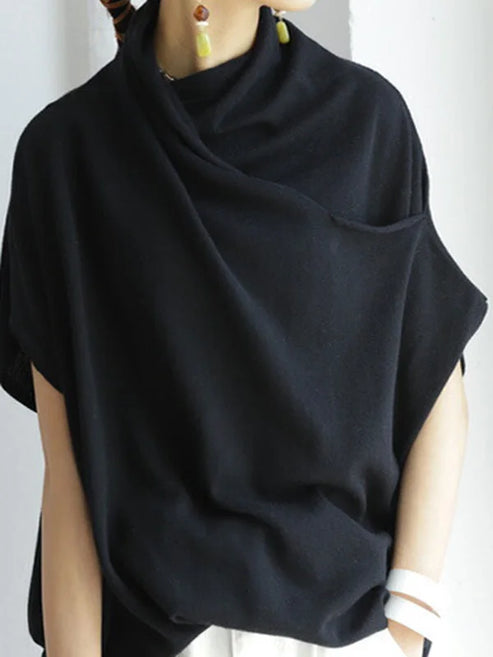Prudencia - Comfortable Collared T-Shirt with Pleated Design and Short Sleeves