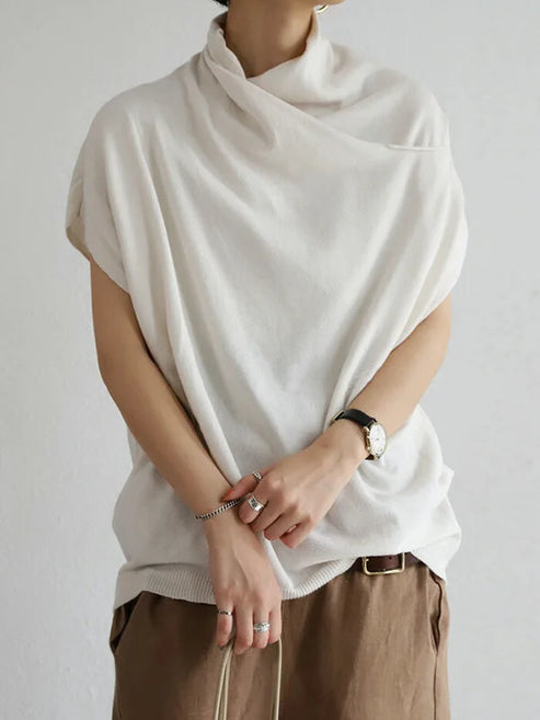 Prudencia - Comfortable Collared T-Shirt with Pleated Design and Short Sleeves