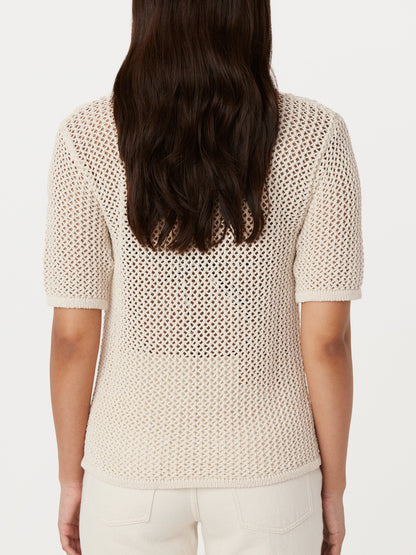 The Crochet Camp Collar Knit Shirt in Oatmeal