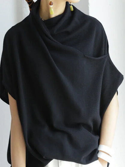 Prudencia - Comfortable Collared T-Shirt with Pleated Design and Short Sleeves