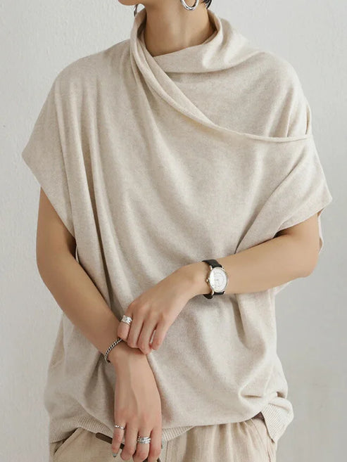 Prudencia - Comfortable Collared T-Shirt with Pleated Design and Short Sleeves