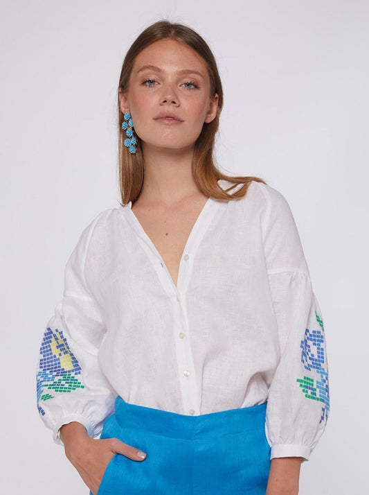 Vilagallo Shirt MABEL Flower Emb Sleeve Linen White