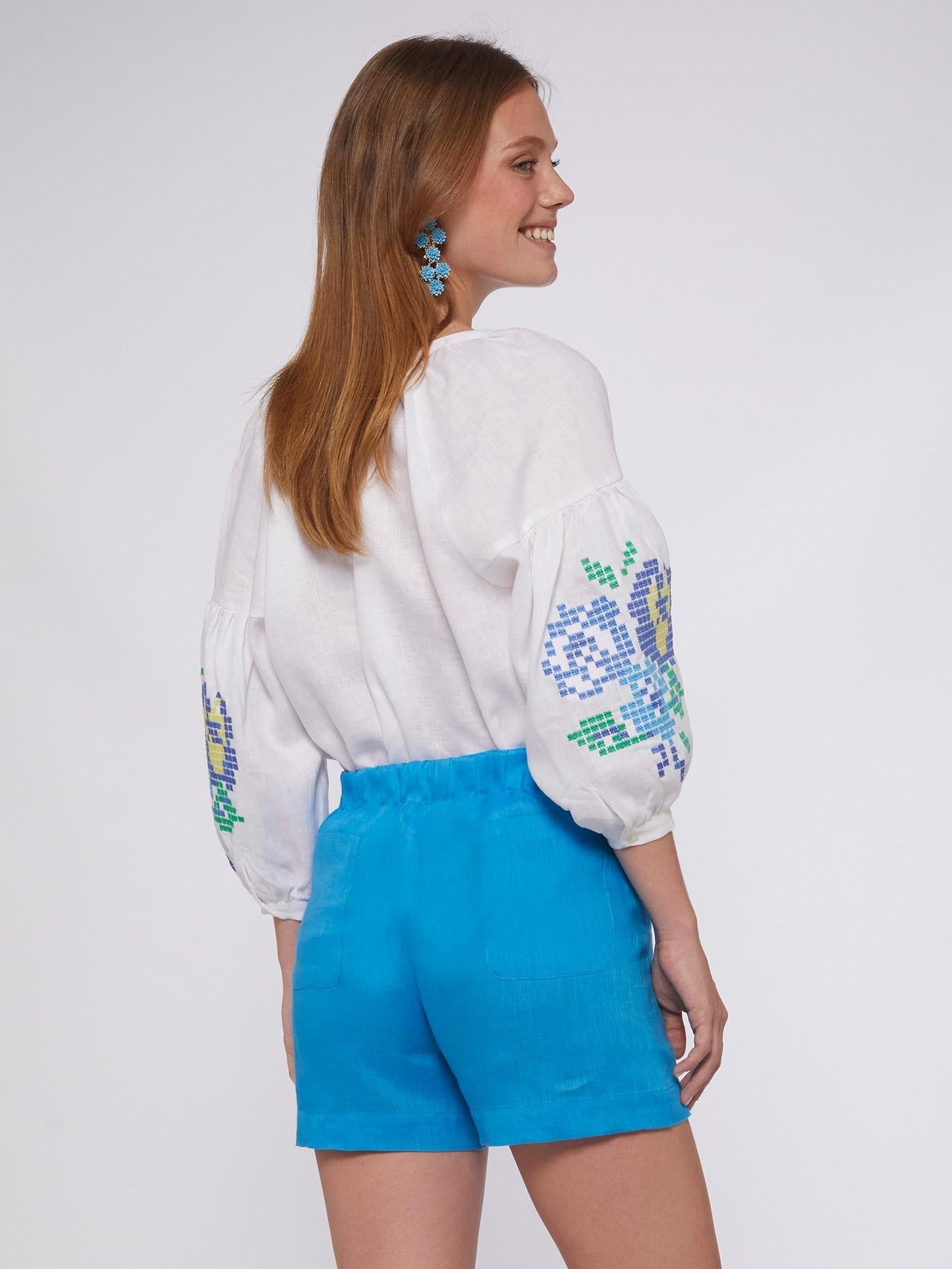 Vilagallo Shirt MABEL Flower Emb Sleeve Linen White