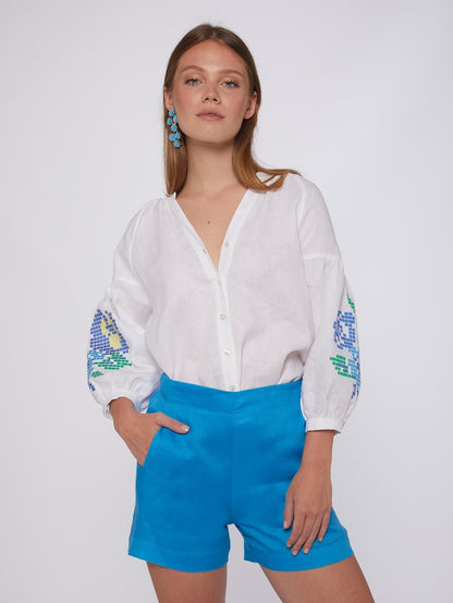 Vilagallo Shirt MABEL Flower Emb Sleeve Linen White