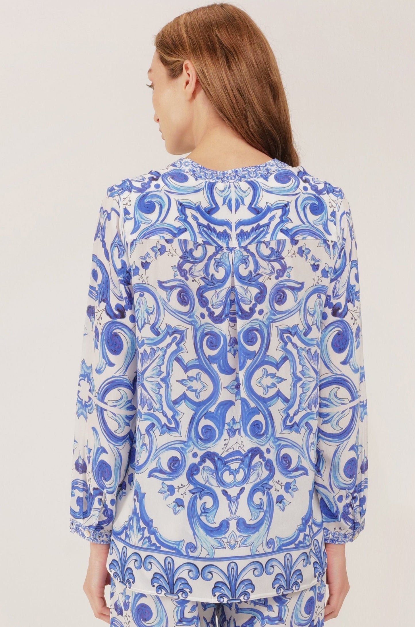 Inoa Fashion Top VANILLA Silk Shirt Venzia Print Blue & White
